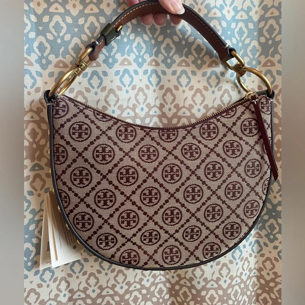 🔥NWT Tory Burch T Monogram Jacquard Studded Mini Crescent Bag - Picture 7 of 16